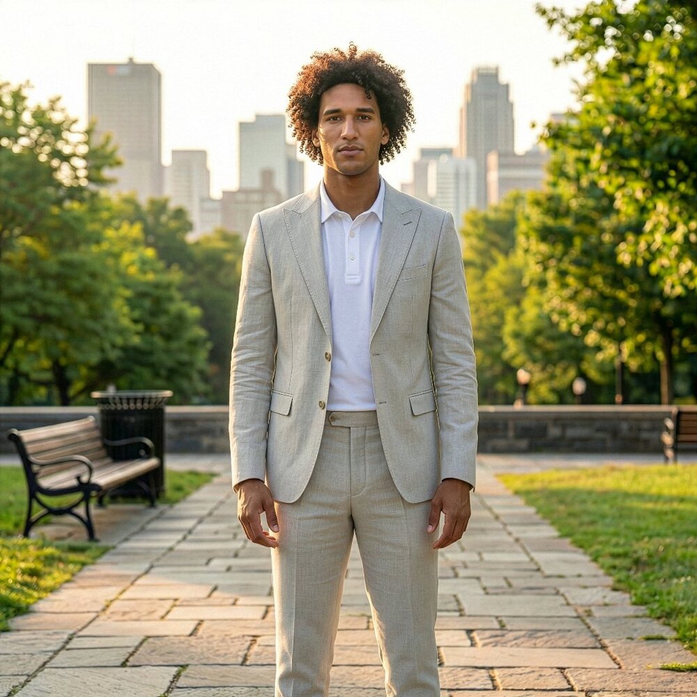 New 2026 Mens 2pc Linen Spring Light Grey Suit Set, Skinny Fit